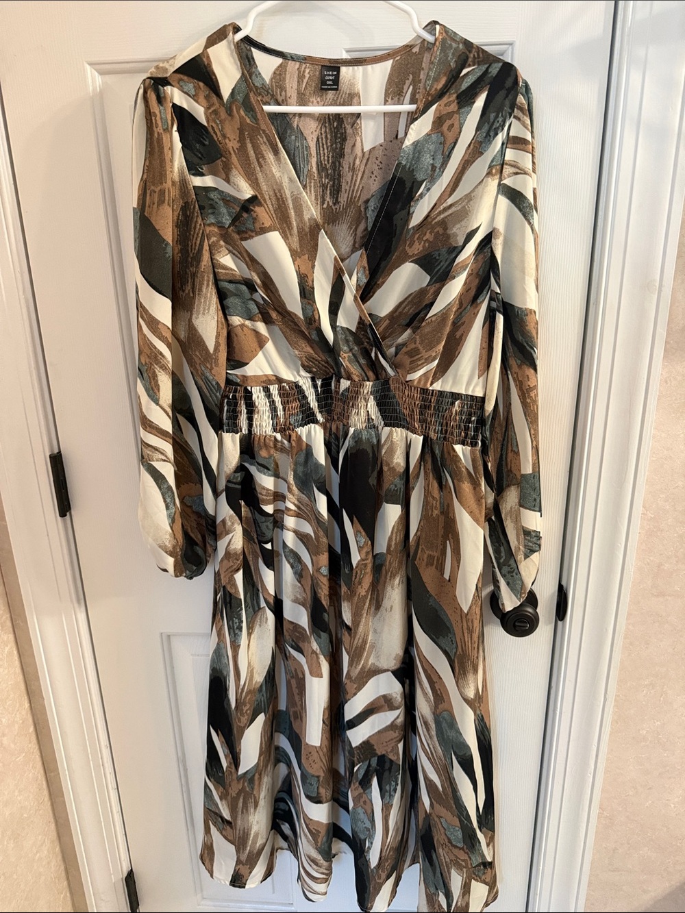 Womens Abstract Print V-Neck Dress in Brown and Cream